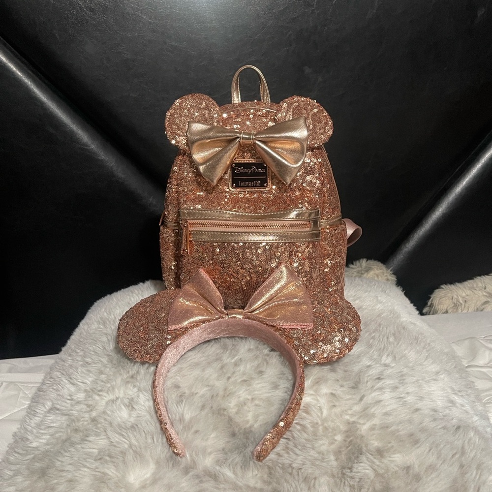Loungefly Disney Sequin Backpack and Headband Set - RoseGold New!